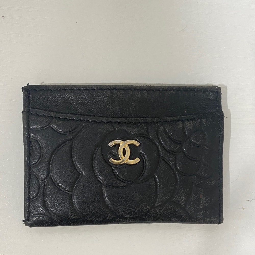 Chanel Black Quilted Card Holder with Gold Logo
